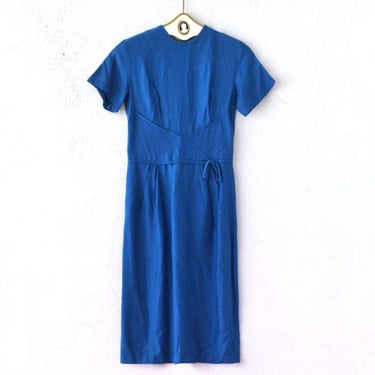 Vintage 50s 60s Minimalist Mod Blue Dress // Structured Day Wiggle Bow Sheath 