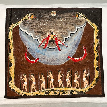 Vintage Amazonian Folk Art Painting of Surreal Snake Scene - Rare 1970s Indigenous Artwork - Serpent Textile Paintings - Hallucinogenic Art 