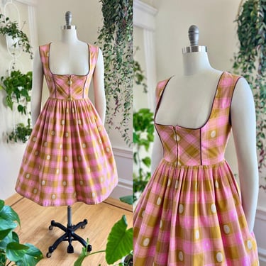 Vintage 1970s Dirndl Dress | 70s Plaid Cotton German Oktoberfest Pink Mustard Yellow Fit and Flare Traditional Costume Sundress | medium 