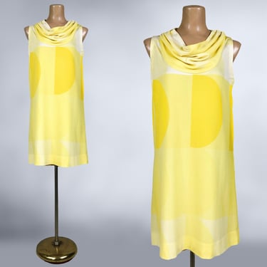 VINTAGE 60s B.H. Wragge 67 Cowl Neck Mod Mini Dress | 1960s Colorful Yellow Art Print Tent Dress | VFG 