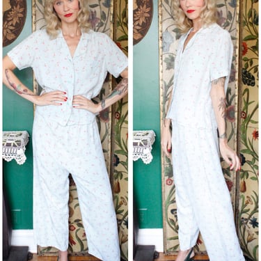 1940s Pajama Set // Mademoiselle Floral Blue Rayon Pj Set // vintage 40s shirt & Pant loungewear 