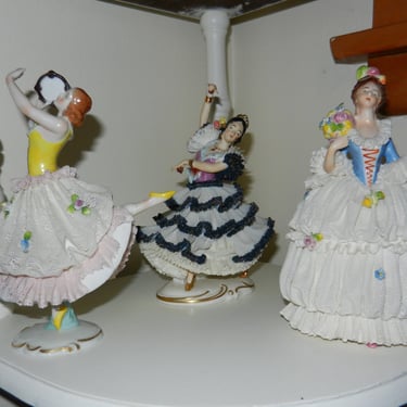 2 Sweet Lace Dancer Ladies~ Antique German Porcelain Collectible Small Victorian Figurines~ Vintage Sandizell. West Germany 