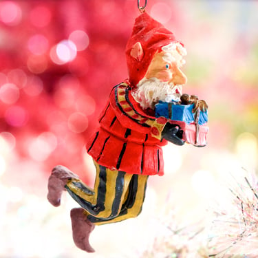 VINTAGE: Resin Elf Holding Gifts Ornament - Holiday, Christmas, Xmas - SKU 16-E1-00033705 
