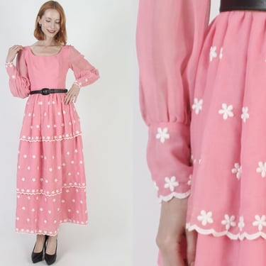 Pink Embroidered Floral Maxi Dress / Romantic Barbiecore Tiered Long Gown / Vintage 70s Sheer Sleeve Bridesmaids Outfit 