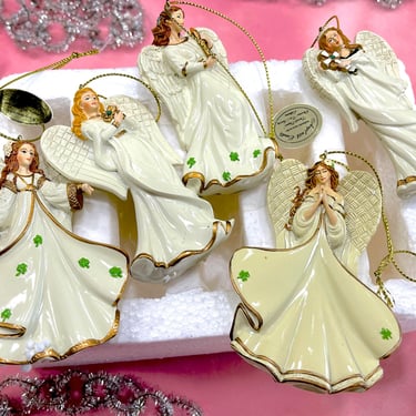 VINTAGE: 5pcs - Hawthorne Village Angel Ornament Set - Emerald Elegance Collection - Christmas Tree Nativity Collection 