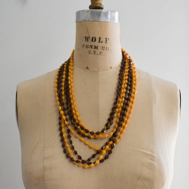 1960s Golden Yellow and Brown Plastic Bead Long Necklace 