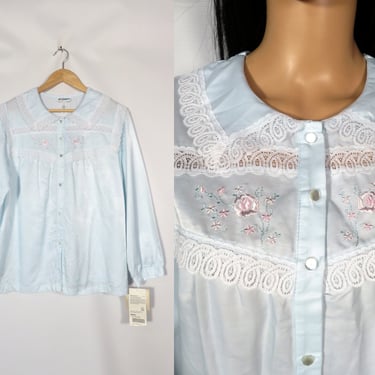 Vintage 80s Plus Size Deadstock Satin Ice Blue Lacey Lolita Pajama Top With Rose Embroidery And Pearl Buttons Size 36 XL 