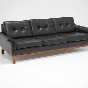 Vintage Winged Black Leather Buttoned Three Seat Sofa, 1960s.