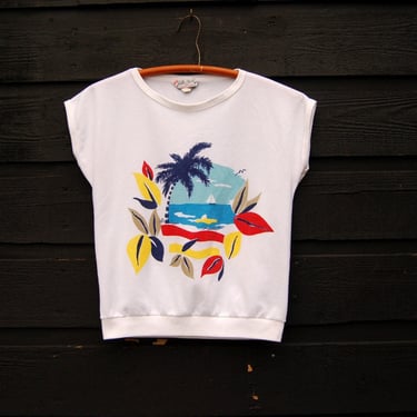 Vintage 80's Palm Tree + Sailboat Hawaiian Shirt | Tropical Beach Vacation Cap Sleeve Top 