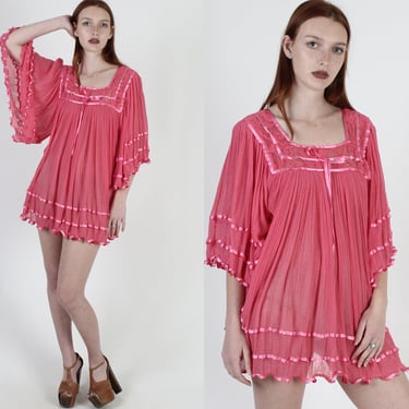 Pink Gauze Micro Mini Dress / Kimono Sleeves Floral Crochet Lace / Angel Sleeve Solid Color Sheer Tunic Blouse 