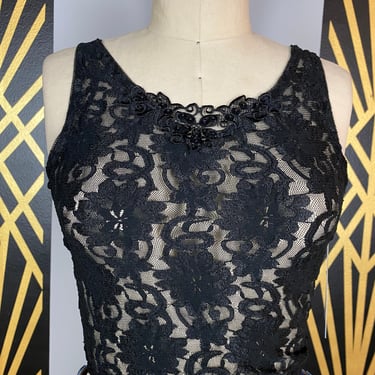 1980s tank top, black lace, vintage crop top, sheer stretch lace, 80s lingerie, Veronique, medium, see through, camisole, 36, gothic style 