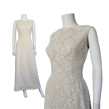 Vintage Lace Maxi Dress, Medium Large / 1960s Sleeveless Dress / Fitted Bust Ankle Length Sheath Dress / Late 60s Long Bridesmaid Dress 