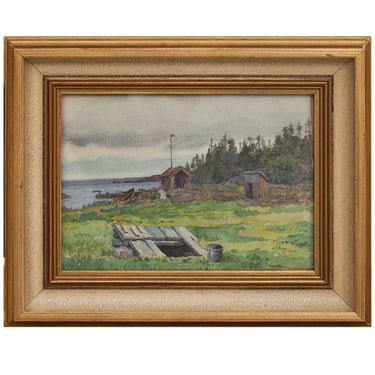 Dated 1917 Antique GUNNAR WIDFORSS Watercolor on Paper Landscape Painting, Shoreside Sheds Fishing Boats 10 x 8 