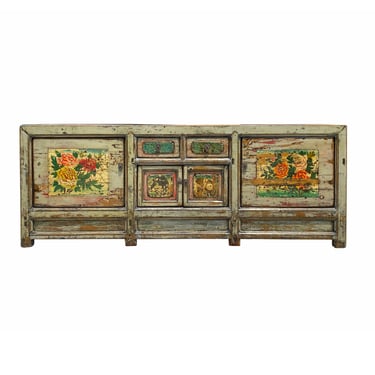 Chinese Distressed Light Green Celadon Graphic Low TV Console Cabinet cs6947E 