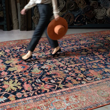 Antique 9’6” x 14’7” Allover Botanical Navy Blue Green Hand Knotted Wool Low Pile Rug 1920s - FREE DOMESTIC SHIPPING 