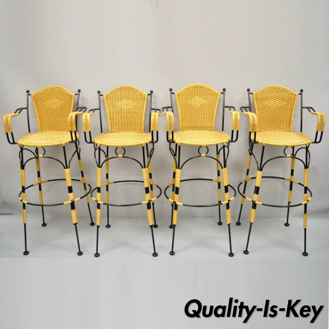 Wrought Iron Woven Vinyl Rattan Spanish Barstools With Arms Quality