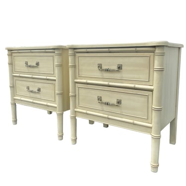 Henry Link Nightstands FREE SHIPPING Set of 2 Vintage Bali Hai Creamy White Faux Bamboo End Tables Hollywood Regency Coastal Furniture 