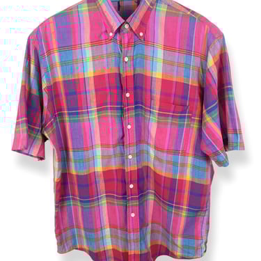 Vintage 1980s USA Made LANDS' END Madras Plaid Shirt ~ L ~ Cotton ~ 80s Button-Down Oxford ~ Preppy / Trad / Ivy ~ Short Sleeve 
