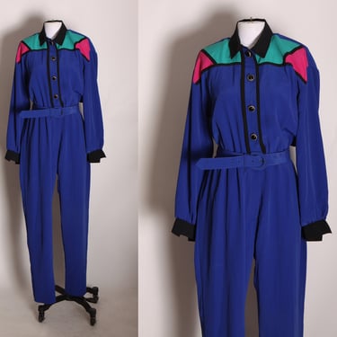 1980s Blue, Teal and Pink Geometric Color Block Long Sleeve One Piece Belted Jumpsuit by Popovitch -M-L 