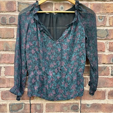 Vintage 1970s Silk Bohemian Dark Floral Peasant Blouse Top Small Medium by TimeBa