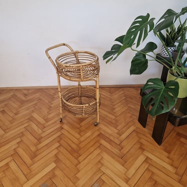 Vintage Bamboo and Rattan Round Serving Cart / Bar Cart Made in Italy / Bar Trolley / Drinks Trolley / BOHO Style / Bamboo Furniture / 