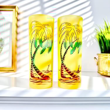 Vintage Tropical Palm Tree Glasses, Frosted Yellow Tumbler Set of 2, 1960s Mid Century Summer Barware Retro Zombie Tiki Bar Tom Collins Pair 