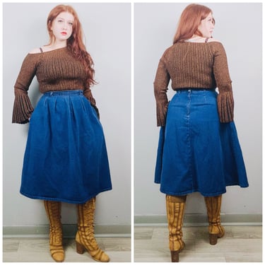 1980s Vintage Dark Denim Flared Skirt / 80s / Eighties High Waisted Western Circle Jean Skirt / Size Large 
