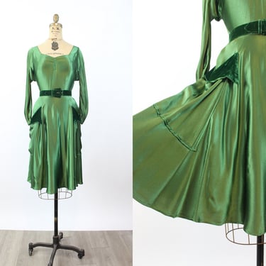 1940s 1950s GREEN satin velvet HIP POCKET dress xs  | new fall 