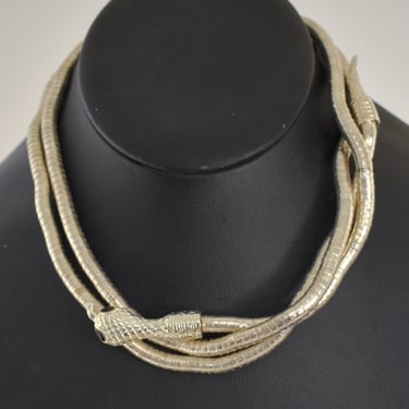 Edgy 80's black eyed rhinestone silver tone snake posable punk necklace, funky unusual gothic serpent bendable metal bracelet 