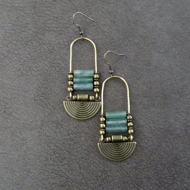 Green stone and bronze ethnic statement earrings 