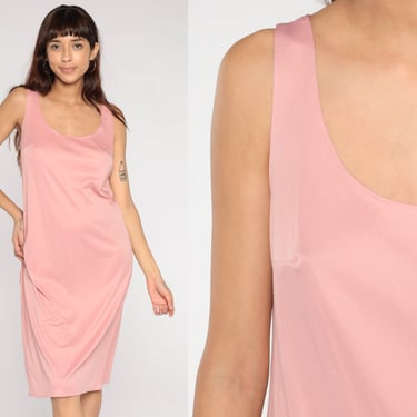 Pink Slip Dress 70s Knee Length Midi Lingerie Dress Retro Plain Simple Boho Sleeveless Nightgown Minimalist Lounge Vintage 1970s Medium M 