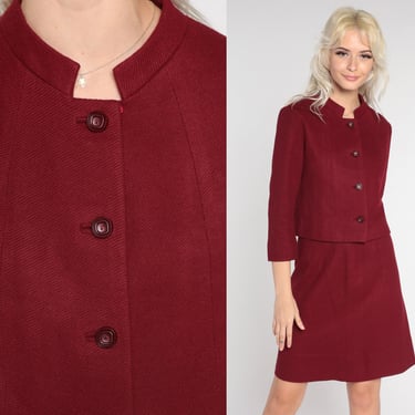 60s Two Piece Dress JACKET and SKIRT Set 60s Mini Mod Dress Suit Burgundy Jackie O Outfit 1960s Secretary Office Vintage Extra Small xs 