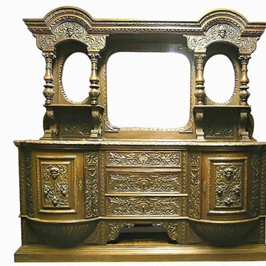 American Victorian Oak Sideboard with Carved Details & Triple Mirror, c.1880