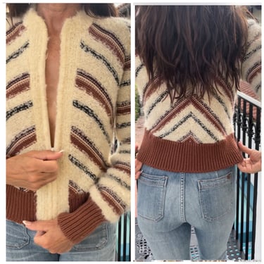 70s Chevron Striped Zip Up Knit Sweater Jacket so cute MOHAIR S M 