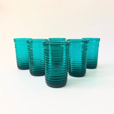 Vintage Ribbed Teal Tumblers - Set of 6 