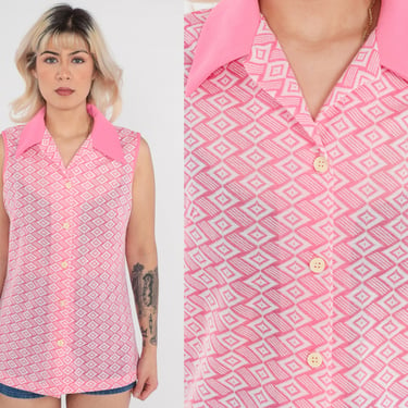 Geometric Tank Top 70s Pink Mod Blouse Boho Shirt Op Art Diamond Print Shirt Button Up Sleeveless Vintage Bohemian 1970s Medium 