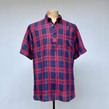 Vintage 1960s Hollywood Rambler Casual Shirt, MCM Navy/Red Plaid Short Sleeve Oxford Collar Shirt, Large 48" Chest 