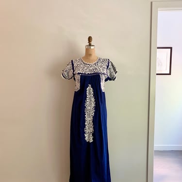 Vibrant navy blue cotton mexican peasant dress with white embroidery-size M/L 
