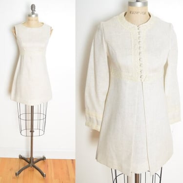 vintage 60s dress jacket set mod babydoll beige cream crochet outfit NOS XS clothing 