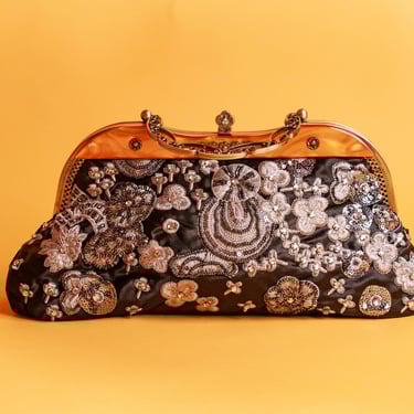 90s Black Silver Floral Embroidered Frame Purse Vintage Tortoise Shell Intricate Embellished Chain Bag 