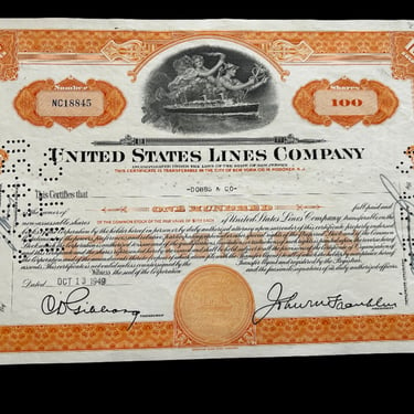United States Lines Company Stock Certificate - 100 Shares
