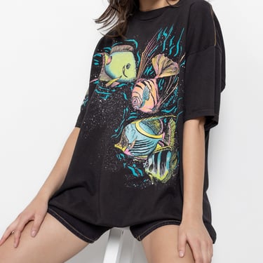 TROPICAL FISH TEE Vintage Sparkly Glitter Graphic Cotton T-Shirt Short Sleeve 90's Oversize / Large 