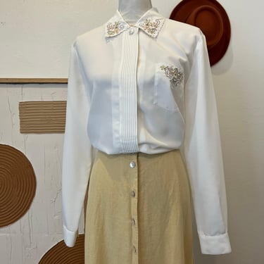 Vintage 90s White Floral Embroidered Button Front Long Sleeve Blouse - 12 