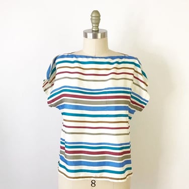 SIZE S Vintage 80s Striped Dolman Sleeve Top Blouse 