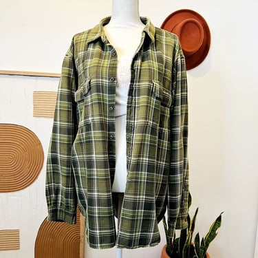 Green Vintage 90s Y2K Oversized Soft Worn in Cotton Flannel Shirt 
