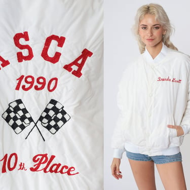 Stock Car Racing Jacket 90s White Bomber Jacket Uniform Snap Up Windbreaker ASCA Race 10th Place Brenda Name Vintage 1990s Swingster Medium 