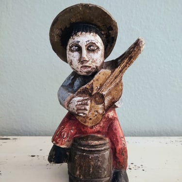Vintage Rustic Wood Carving Man with Guitar Folk Art Musician Home Décor 