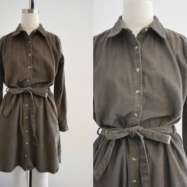 1990s Olive Drab Cotton Corduroy Shirt Dress 