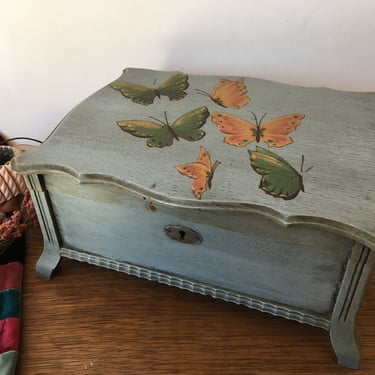 Shabby Butterfly Jewelry Box, Vintage Wooden Blue Butterfly Keepsake Letter Box, Boho Decoupaged Blue Treasure Box 