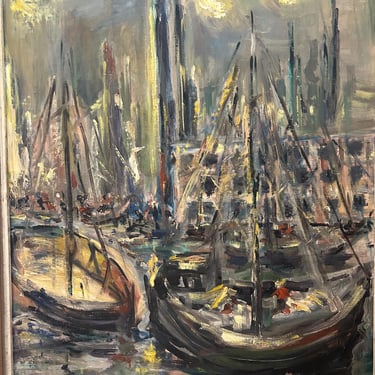 Oil on board harbor scene 